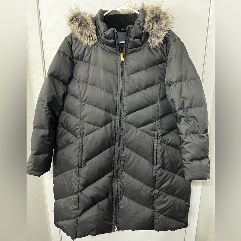 Lands End Down Puffer Parka Coat Jacket Black Faux Fur Hood Plus Size Petite 3x